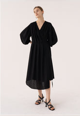 Elegant Midi Wrap Linen Dress With V-Neck And Puffed 3/4 Sleeves For Refined Silhouette