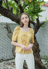 Linen Puff Sleeve Blouse for Women with Bow Tie Front and Square Neckline for Feminine Styling