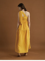 Asymmetric Tiered Linen Dress with Shoulder Tie Detail