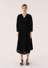 Elegant Midi Wrap Linen Dress With V-Neck And Puffed 3/4 Sleeves For Refined Silhouette