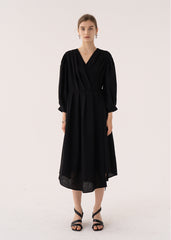 Elegant Midi Wrap Linen Dress With V-Neck And Puffed 3/4 Sleeves For Refined Silhouette