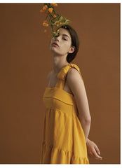 Asymmetric Tiered Linen Dress with Shoulder Tie Detail