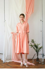 Elegant Midi-Length Cotton Poplin Dress with Button-Down Front and Tailored Waistband
