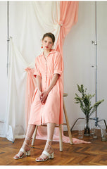 Elegant Midi-Length Cotton Poplin Dress with Button-Down Front and Tailored Waistband