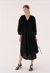 Elegant Midi Wrap Linen Dress With V-Neck And Puffed 3/4 Sleeves For Refined Silhouette