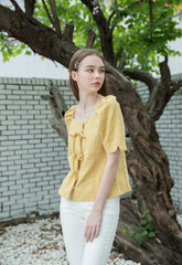 Linen Puff Sleeve Blouse for Women with Bow Tie Front and Square Neckline for Feminine Styling
