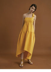 Asymmetric Tiered Linen Dress with Shoulder Tie Detail