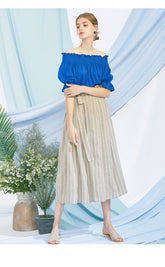 High-Waisted A-Line Linen Skirt for Women with Pinstripe Detail and Belted Waist Design