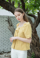 Linen Puff Sleeve Blouse for Women with Bow Tie Front and Square Neckline for Feminine Styling