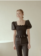 Smocked Puff-Sleeve Linen Top with Ruffle Hem and Square Neckline for Feminine Summer Style