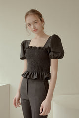 Smocked Puff-Sleeve Linen Top with Ruffle Hem and Square Neckline for Feminine Summer Style