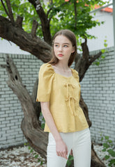 Linen Puff Sleeve Blouse for Women with Bow Tie Front and Square Neckline for Feminine Styling