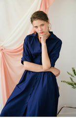 Elegant A-line Linen Midi Dress with Button-Front and Defined Waist for Flattering Fit