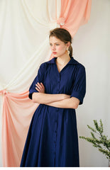 Elegant A-line Linen Midi Dress with Button-Front and Defined Waist for Flattering Fit
