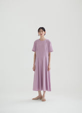 Short Sleeve Flared Linen Midi Dress with Seam Detailing and Soft A-Line Silhouette