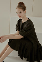 Elegant Puff Sleeve A-Line Dress in Breathable Cotton Poplin Fabric with Flowy Skirt Design