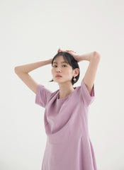 Short Sleeve Flared Linen Midi Dress with Seam Detailing and Soft A-Line Silhouette