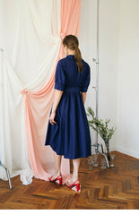 Elegant A-line Linen Midi Dress with Button-Front and Defined Waist for Flattering Fit