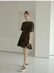 Elegant Puff Sleeve A-Line Dress in Breathable Cotton Poplin Fabric with Flowy Skirt Design