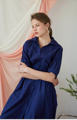 Elegant A-line Linen Midi Dress with Button-Front and Defined Waist for Flattering Fit