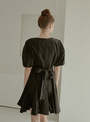 Elegant Puff Sleeve A-Line Dress in Breathable Cotton Poplin Fabric with Flowy Skirt Design