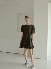 Elegant Puff Sleeve A-Line Dress in Breathable Cotton Poplin Fabric with Flowy Skirt Design