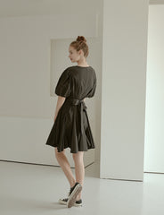 Elegant Puff Sleeve A-Line Dress in Breathable Cotton Poplin Fabric with Flowy Skirt Design