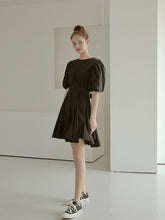 Elegant Puff Sleeve A-Line Dress in Breathable Cotton Poplin Fabric with Flowy Skirt Design