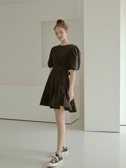 Elegant Puff Sleeve A-Line Dress in Breathable Cotton Poplin Fabric with Flowy Skirt Design