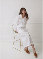 Linen Midi Skirt with Front Slit and Soft Elastic Waistband