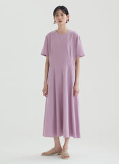 Short Sleeve Flared Linen Midi Dress with Seam Detailing and Soft A-Line Silhouette