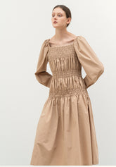 Elegant Midi-Length Linen Dress With Ruched Bodice And Voluminous Long Sleeves