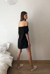 Off-Shoulder Linen Mini Dress with Puff Sleeves and Adjustable Tie Accents