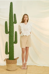 Linen Blouse With Embroidered Eyelet Detailing and Layered Ruffle Trim