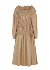 Elegant Midi-Length Linen Dress With Ruched Bodice And Voluminous Long Sleeves