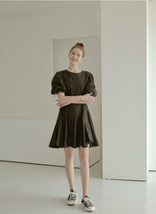 Elegant Puff Sleeve A-Line Dress in Breathable Cotton Poplin Fabric with Flowy Skirt Design