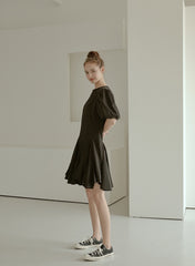 Elegant Puff Sleeve A-Line Dress in Breathable Cotton Poplin Fabric with Flowy Skirt Design