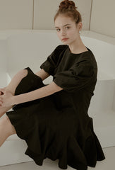 Elegant Puff Sleeve A-Line Dress in Breathable Cotton Poplin Fabric with Flowy Skirt Design