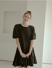 Elegant Puff Sleeve A-Line Dress in Breathable Cotton Poplin Fabric with Flowy Skirt Design