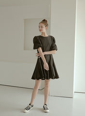 Elegant Puff Sleeve A-Line Dress in Breathable Cotton Poplin Fabric with Flowy Skirt Design