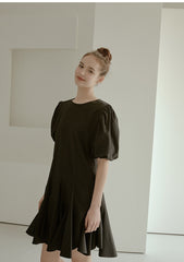 Elegant Puff Sleeve A-Line Dress in Breathable Cotton Poplin Fabric with Flowy Skirt Design