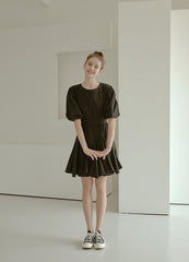 Elegant Puff Sleeve A-Line Dress in Breathable Cotton Poplin Fabric with Flowy Skirt Design