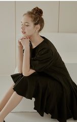 Elegant Puff Sleeve A-Line Dress in Breathable Cotton Poplin Fabric with Flowy Skirt Design