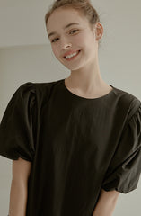 Elegant Puff Sleeve A-Line Dress in Breathable Cotton Poplin Fabric with Flowy Skirt Design