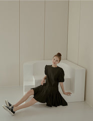 Elegant Puff Sleeve A-Line Dress in Breathable Cotton Poplin Fabric with Flowy Skirt Design