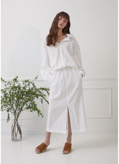 Linen Midi Skirt with Front Slit and Soft Elastic Waistband