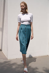 High-Waisted Button-Front Midi Skirt in Premium Linen Blend with Tailored Pleat Detailing