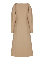 Elegant Midi-Length Linen Dress With Ruched Bodice And Voluminous Long Sleeves
