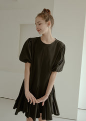 Elegant Puff Sleeve A-Line Dress in Breathable Cotton Poplin Fabric with Flowy Skirt Design