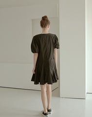 Elegant Puff Sleeve A-Line Dress in Breathable Cotton Poplin Fabric with Flowy Skirt Design